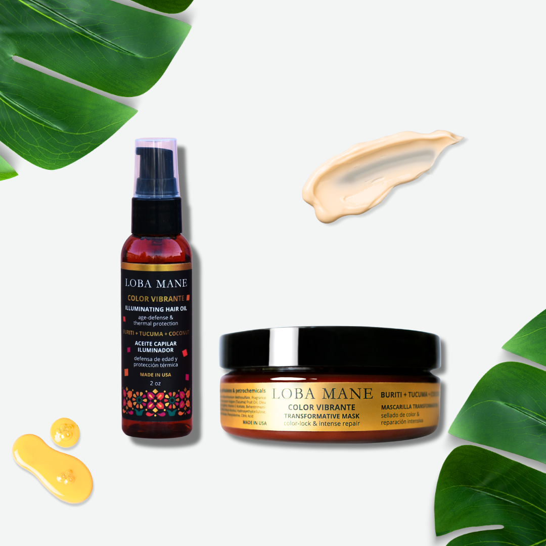 Loba Mane's Scalp Nourish and Hydrate duo with greenery and product textures.