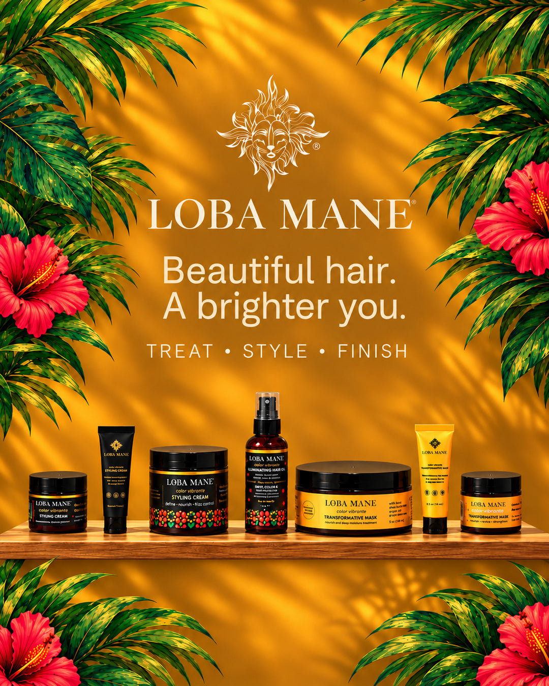 Loba Mane botanical hair care. Beautiful hair. A brighter you. Treat, Style, Finish, with current Mask, Cream and Oil products.